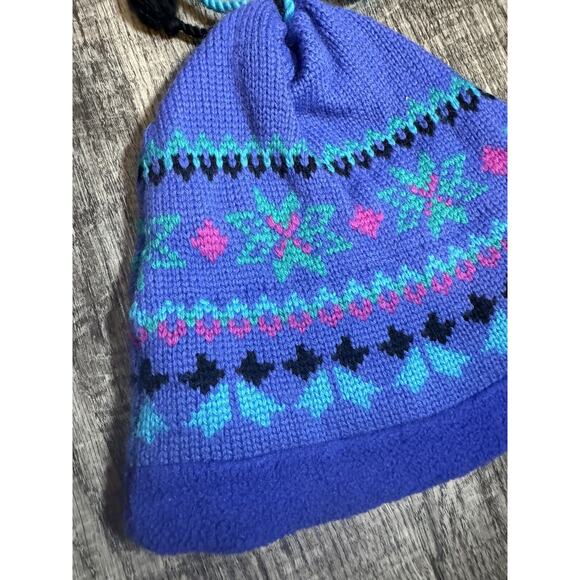 Vintage 90s LL Bean Wool Ski Snow Hat W Tassels Purple Blue Retro Snowflakes - Picture 2 of 9